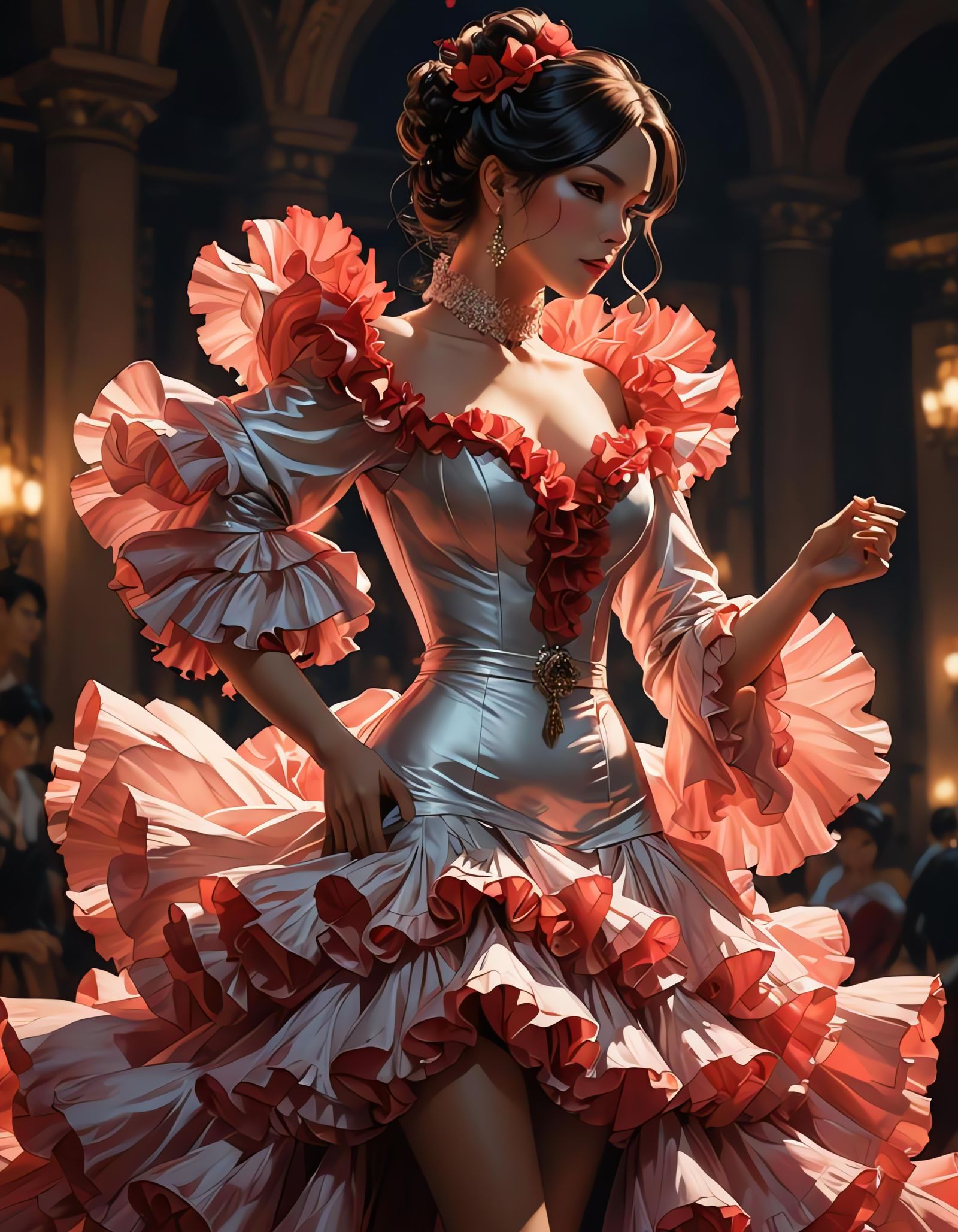 Anime Style Flamenco Dancer in Flowing Dress