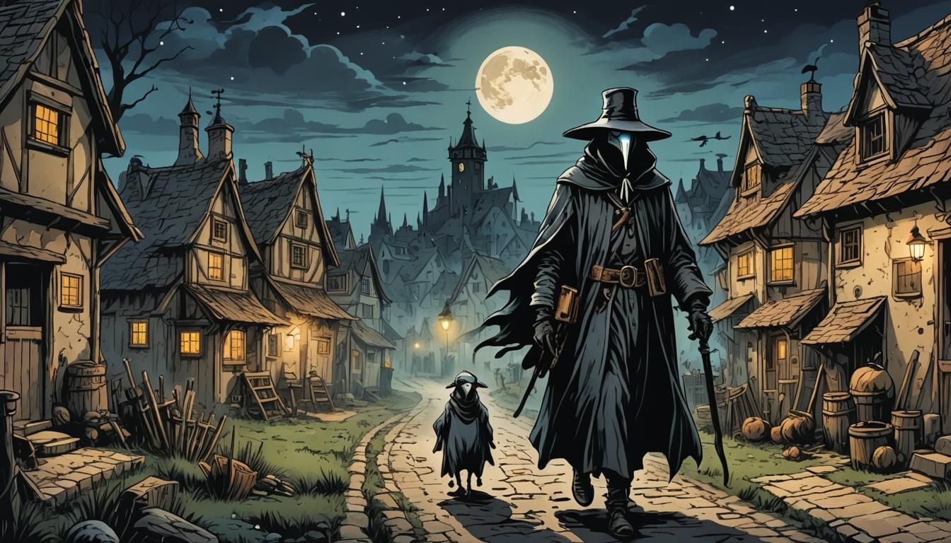 Plague Doctor Walks Through Moonlit Village