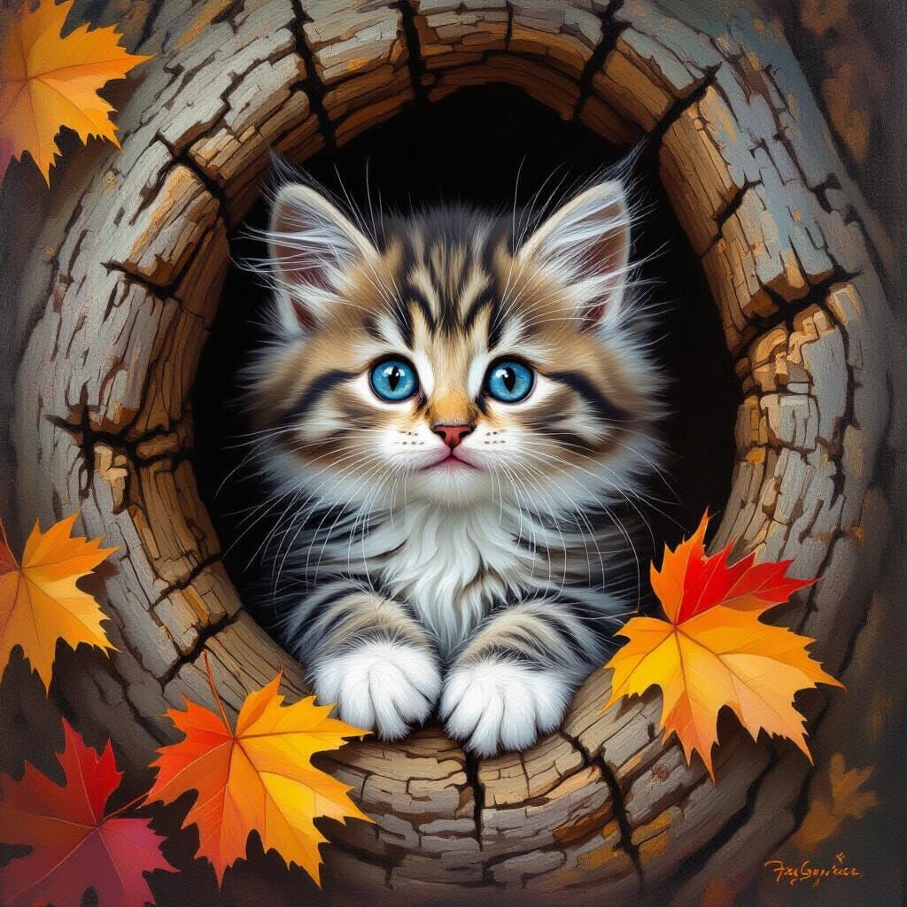 Fluffy Kitten in Autumn Tree Trunk Oil Painting