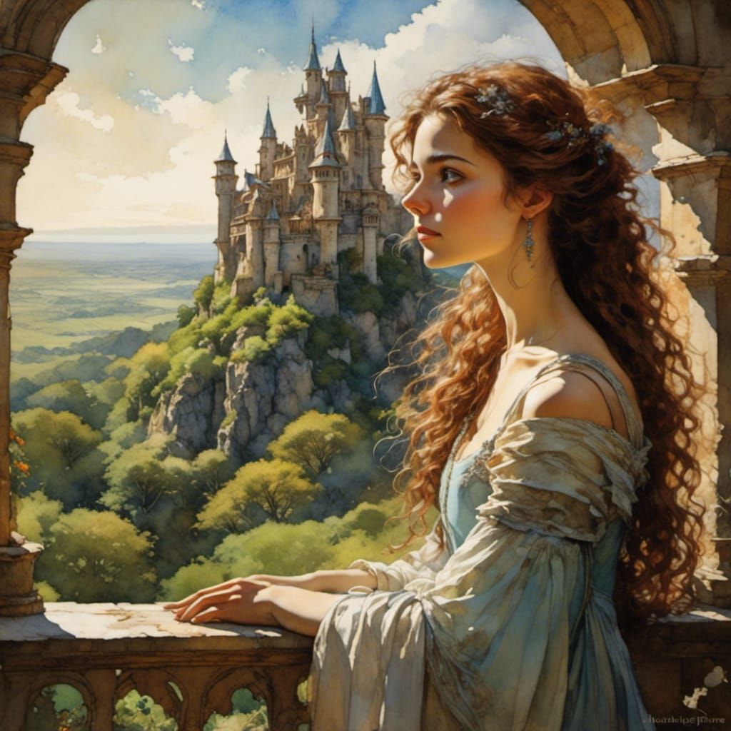 Dreamy Young Woman Gazing from Castle Window