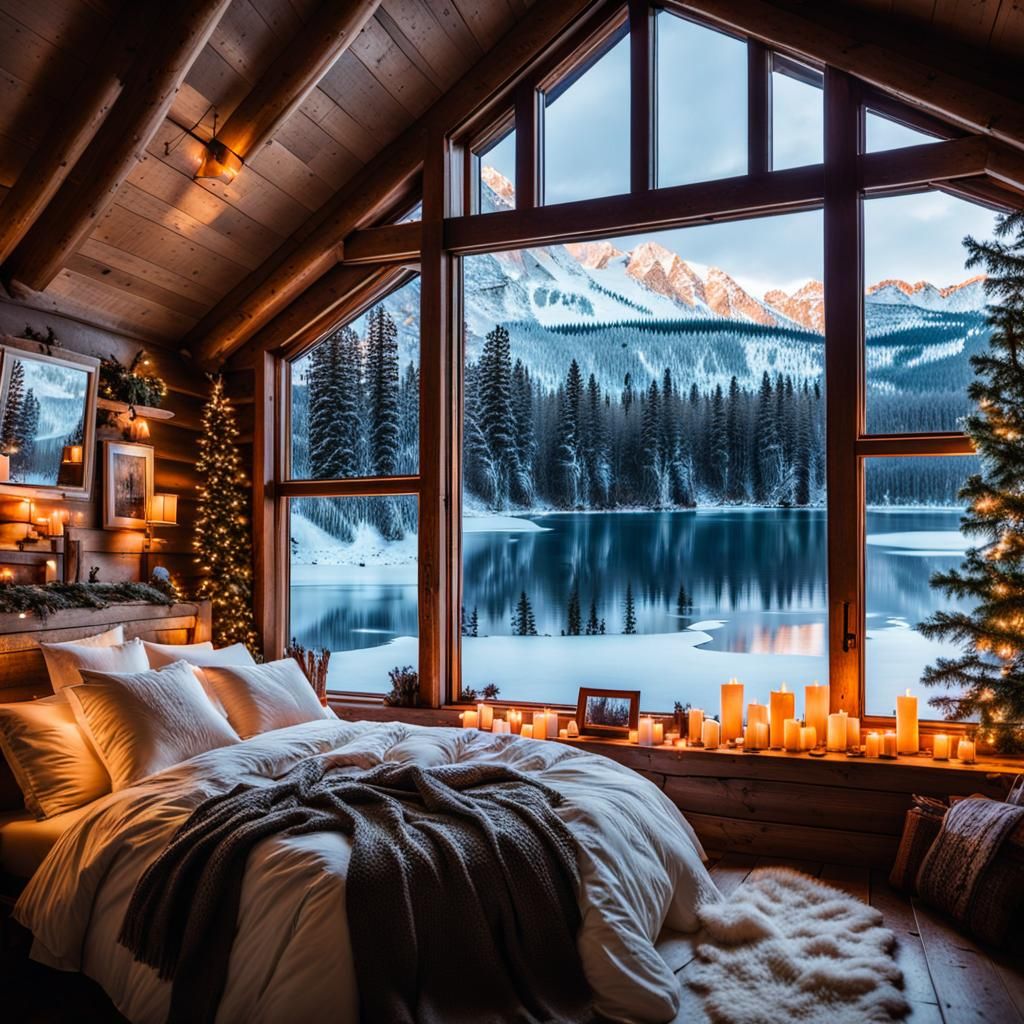 Cozy Winter Cabin Bedroom with Snowy Lake View