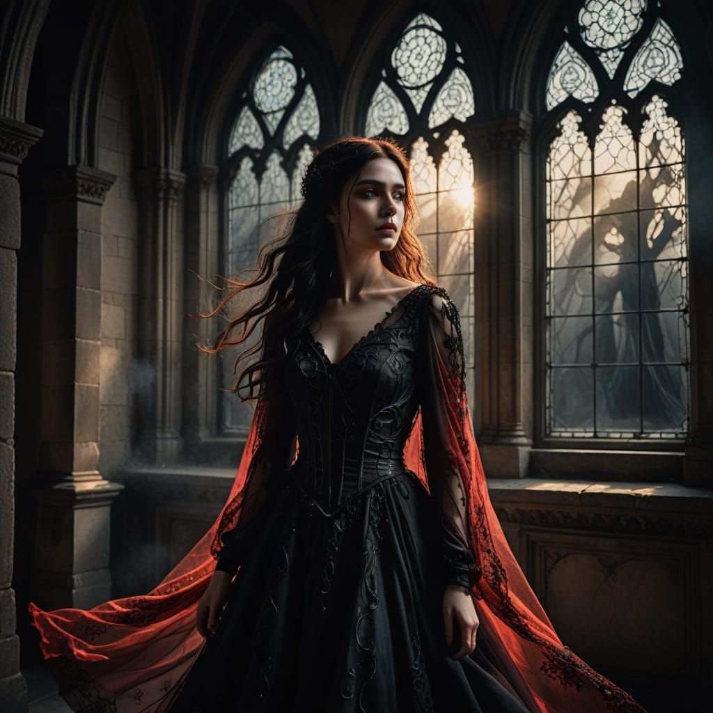 Ethereal Woman with Halo in Gothic Setting