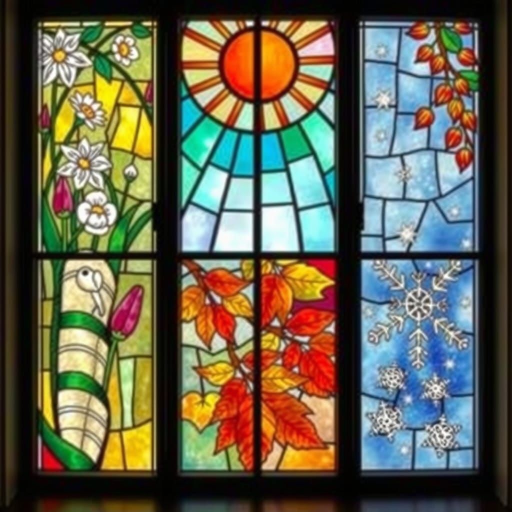 Art by Édouard Manet, four stained glass panels, depicting different seasons, spring flowers, summer sun rays, autumn le...