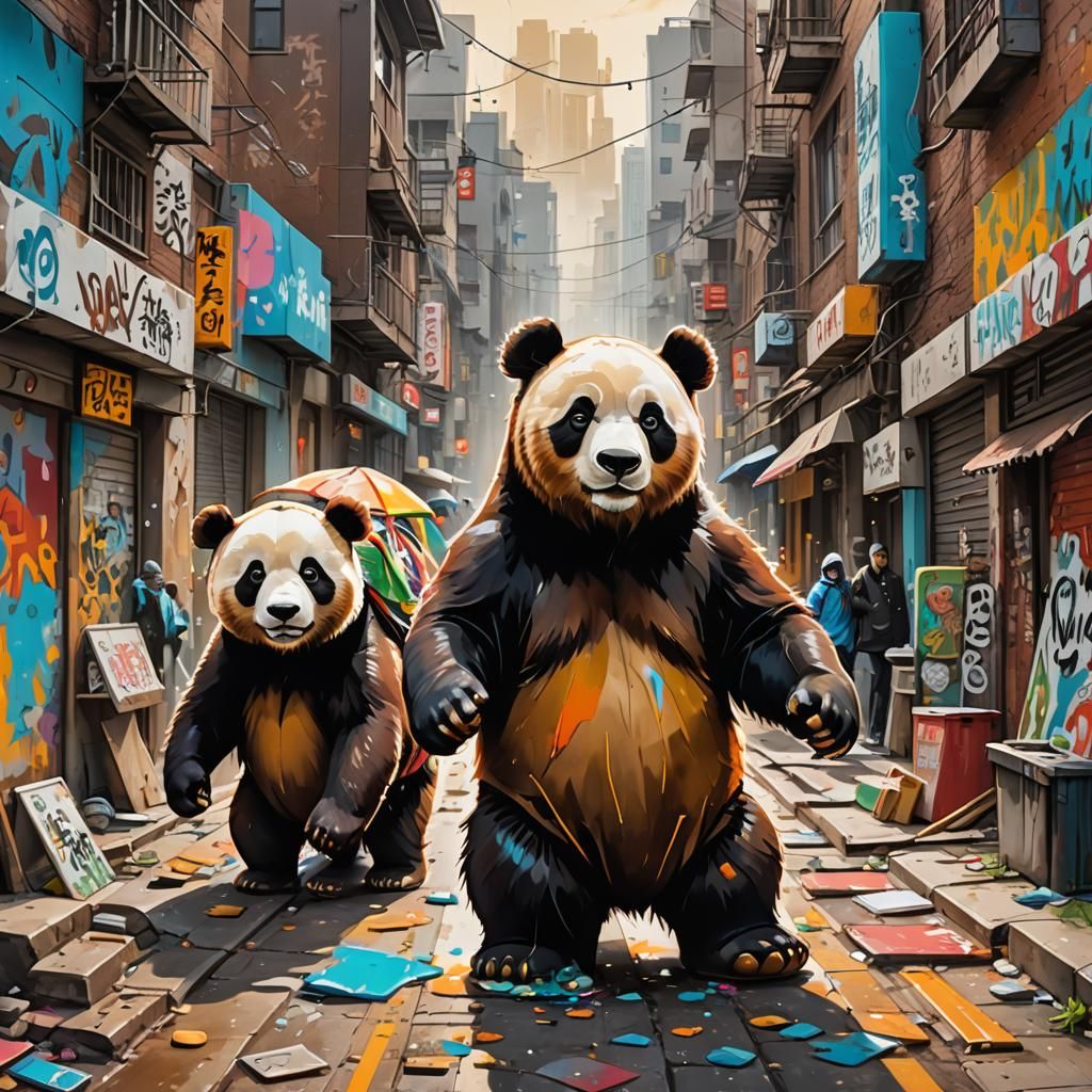 Brown Bear and Panda walk together through the rebuilt city. But where they pass, the Sun begins to shine.