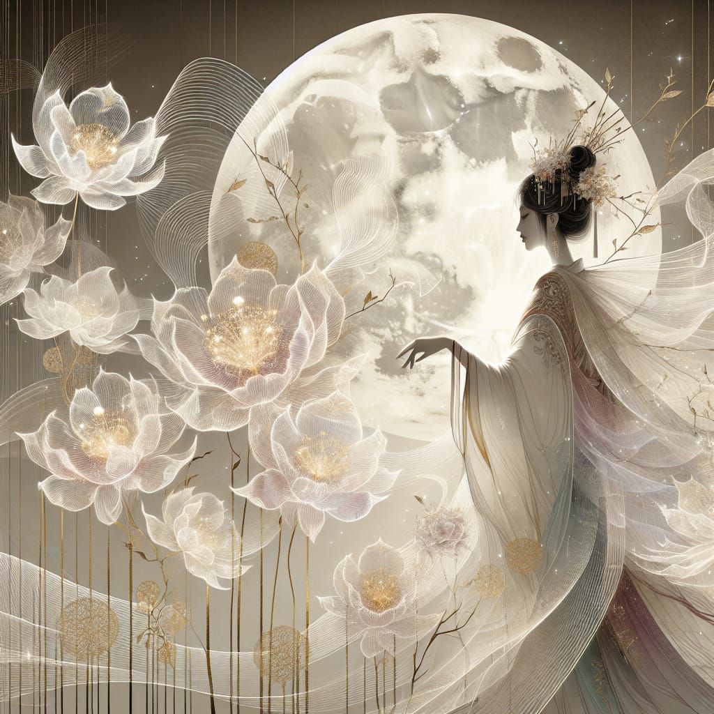 Elegantly Silhouetted Chinese Empress with Floral Transparen...