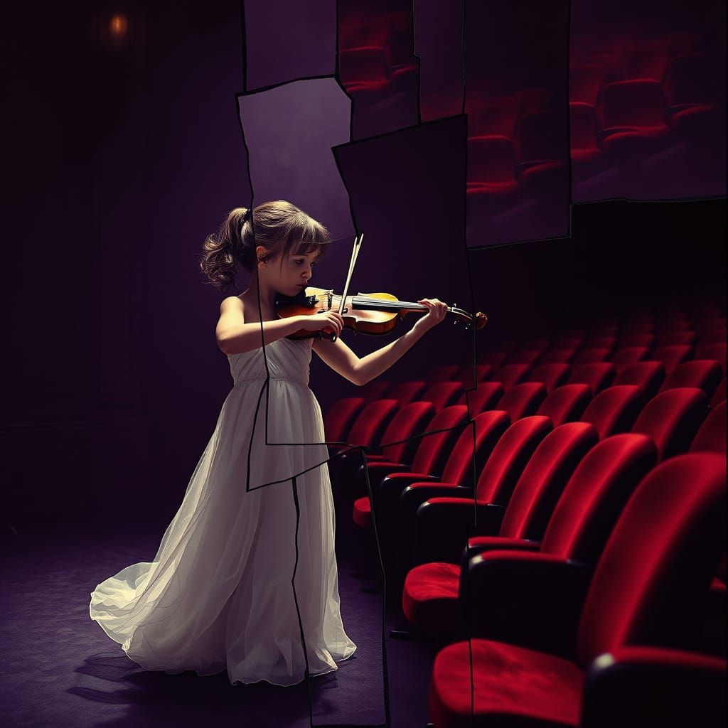 Girl Playing Violin in Picasso-Style Cubist Image