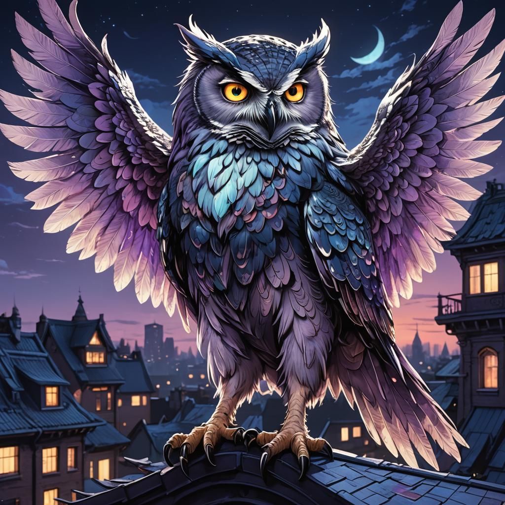 Anime Owl Demon on Moonlit Rooftop