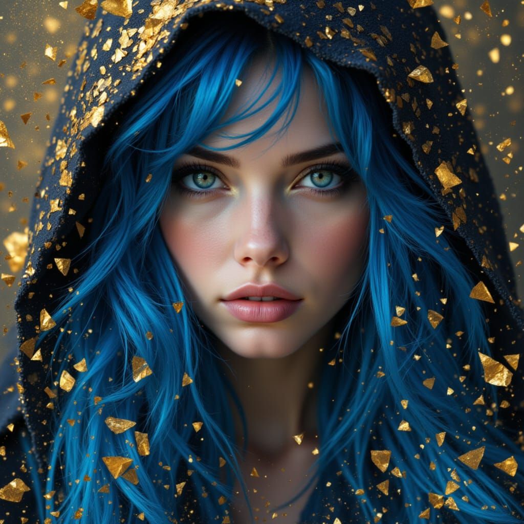 Elegant Woman with Blue Hair Surrounded by Gold Leaf and Cry...