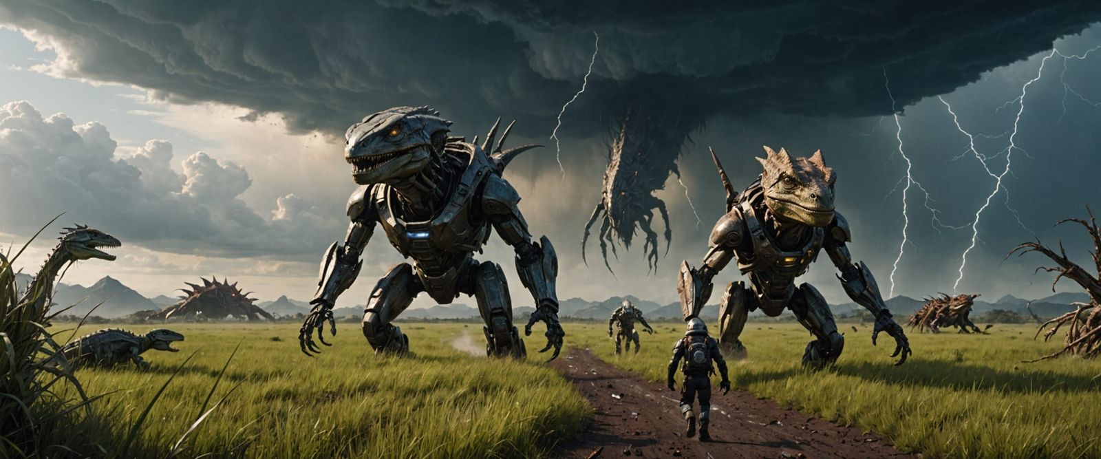 Robots Confront Giant Lizard on Alien Stormy Plain