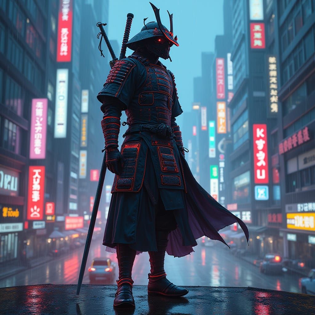 Cyberpunk Samurai in Futuristic Tokyo, Neon Anime Art