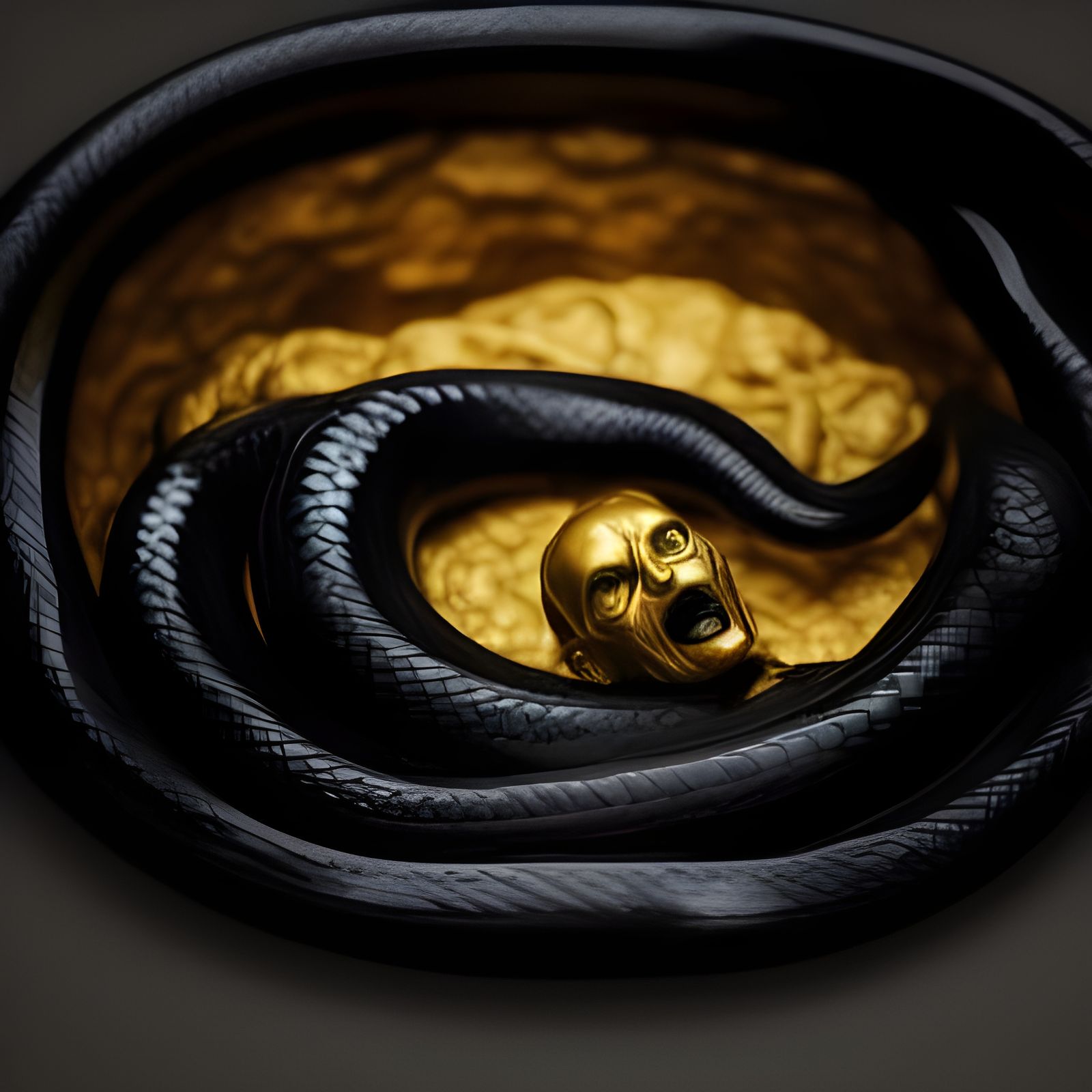 Serpentine Man Coiled on Gold in Dark Cavern