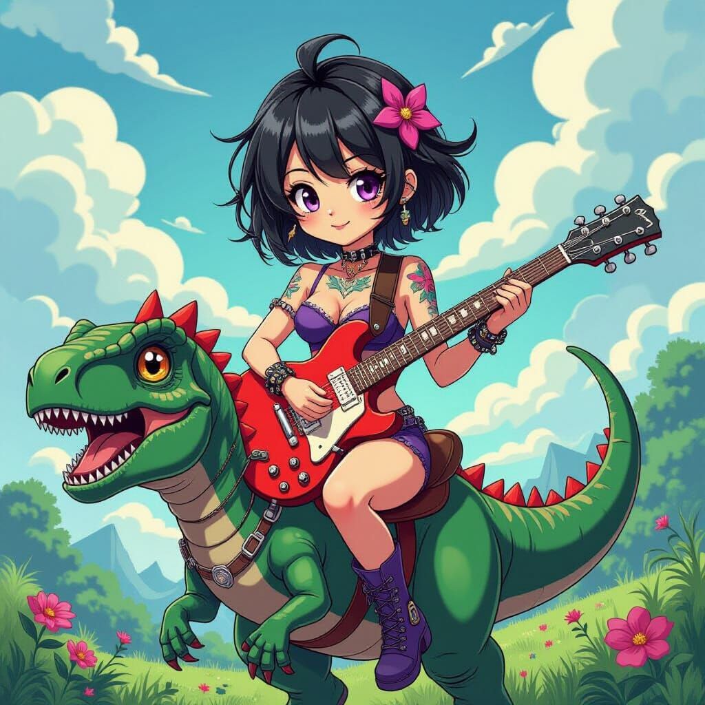 Anime Woman Rides Dinosaur in Emo Style