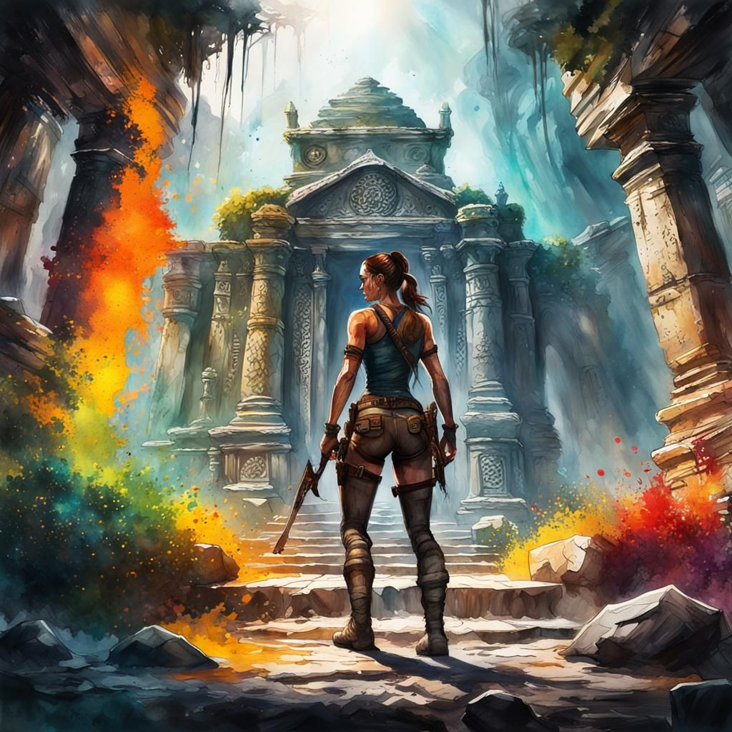 Lara Croft exploring an ancient forgotten monument