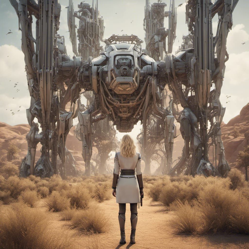 Sci-Fi Scientist in Machine Forest, Cinematic Render