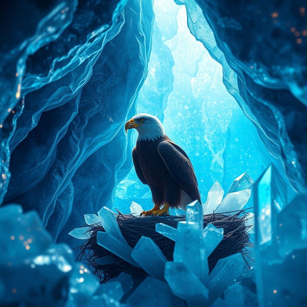Eagle Nesting in Glimmering Crystalline Cave