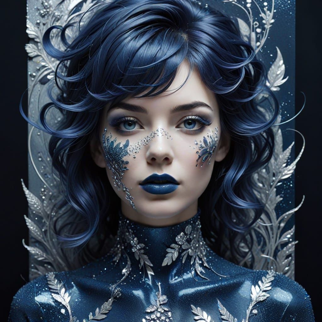 Ethereal Avant-Garde Portrait in Indigo and Silver