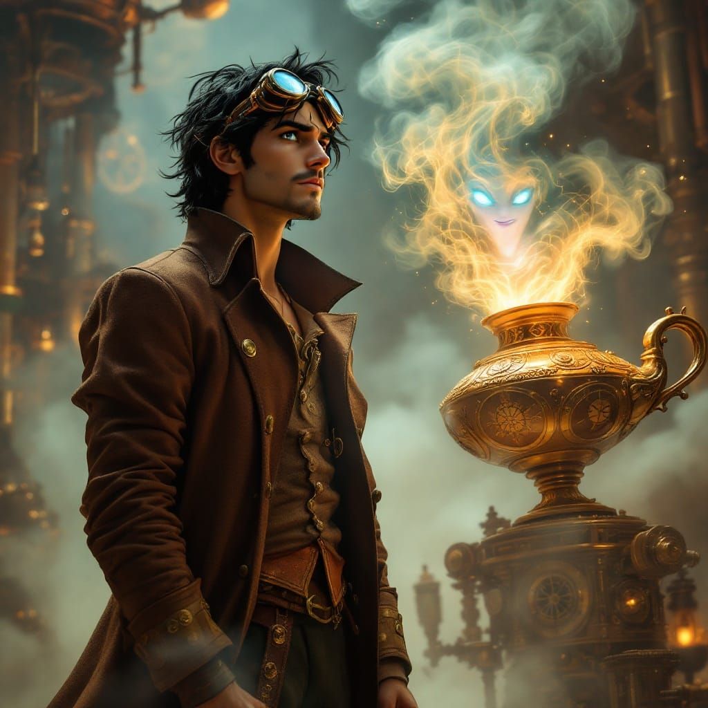 Surreal Steampunk Aladdin Interacts with a Glowing Ethereal....
