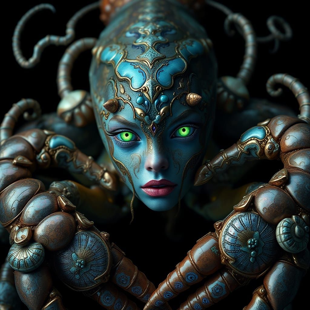 Humanoid Lobster Woman in Surreal Underwater Realm