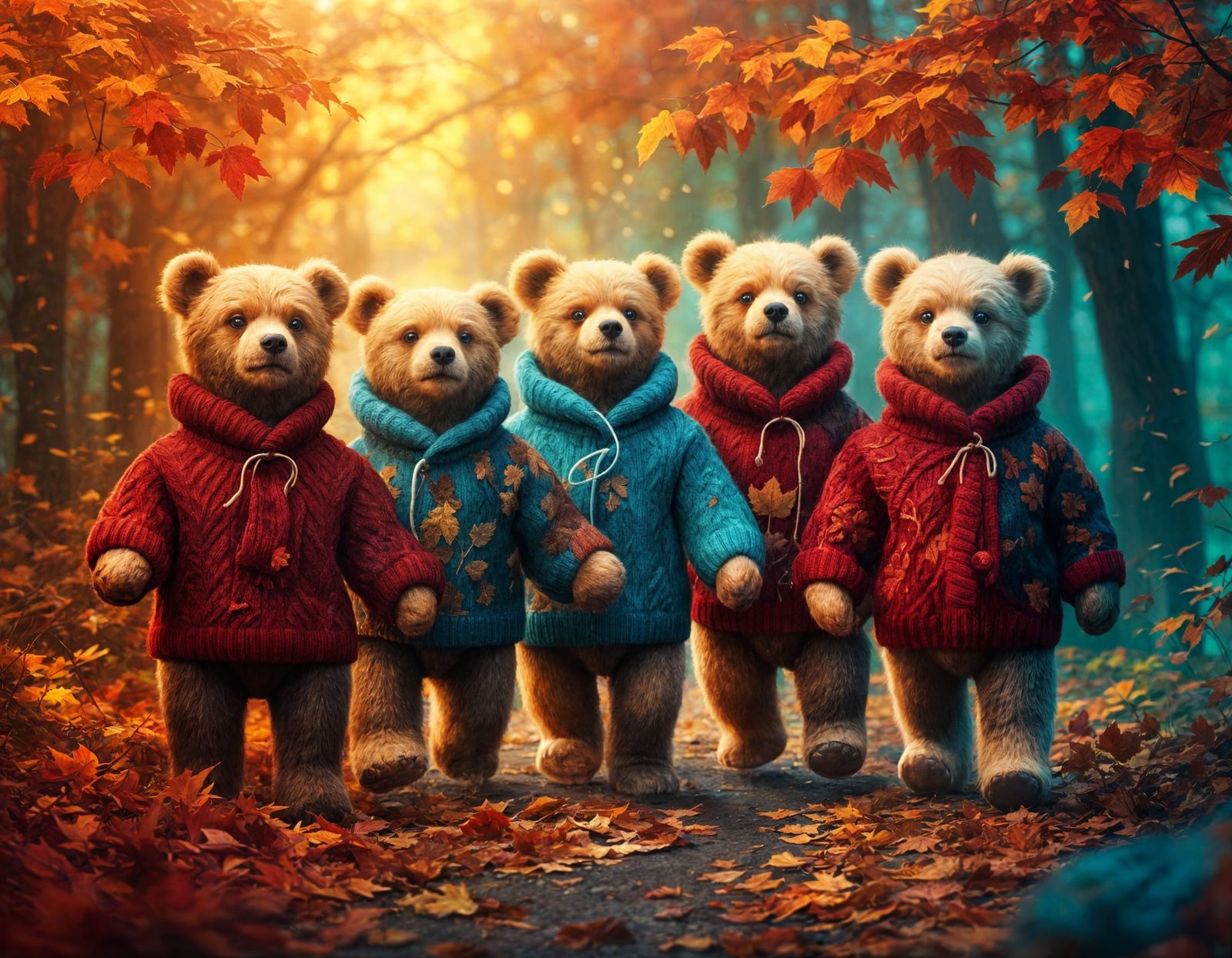 Teddy Bears in Sweaters Enjoy Autumn Walk