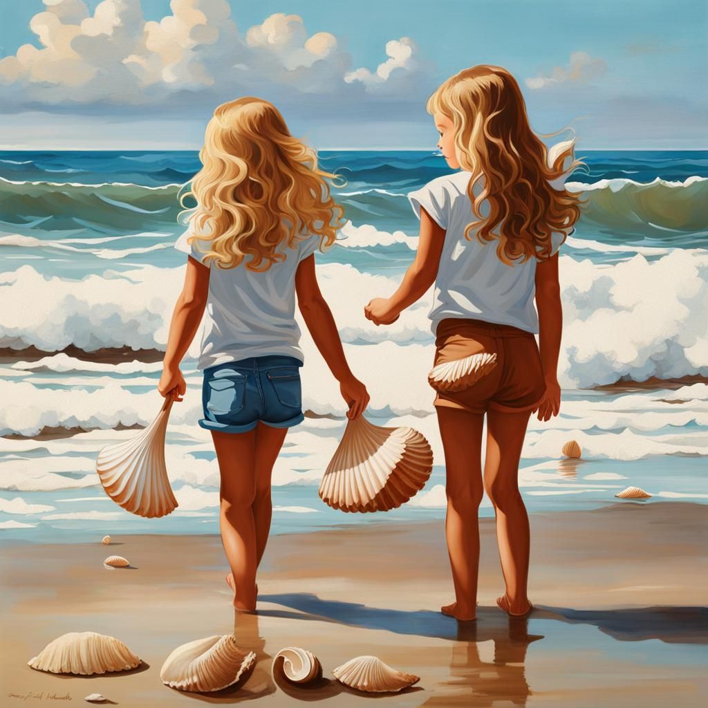 Girls Playing on Beach with Seashells and Waves