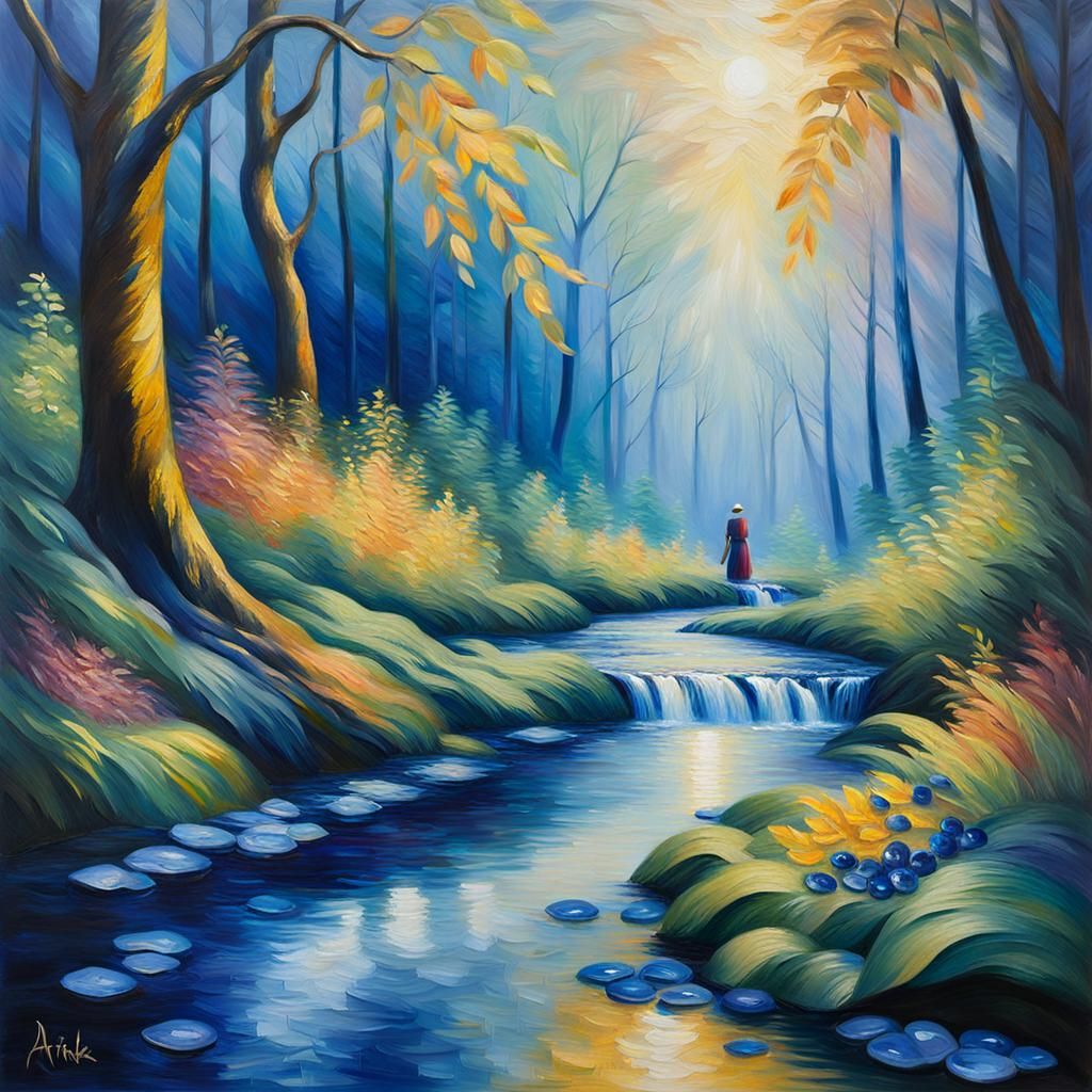 Arika Amidst Sapphire-Flowing Neel Nadi in Impressionist Oil...