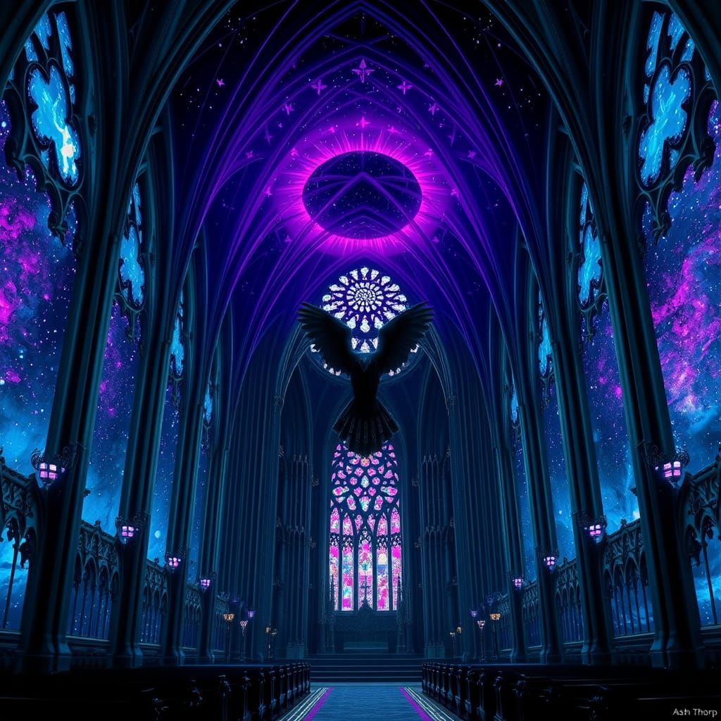 Gothic Space Cathedral with Raven in Celestial Aura