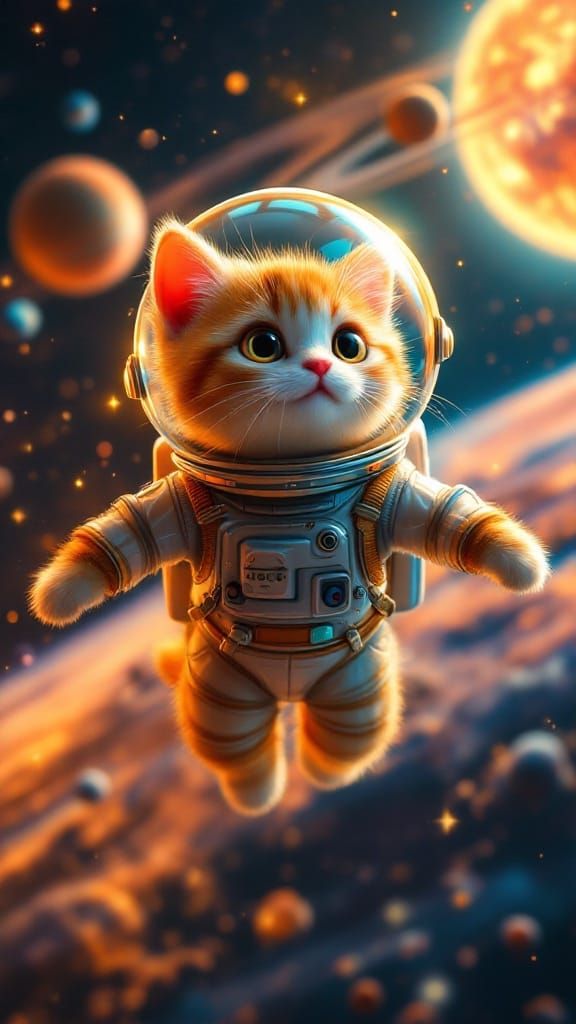 Adorable Animated Cat Explores Vibrant Cosmos in Shiny Space...