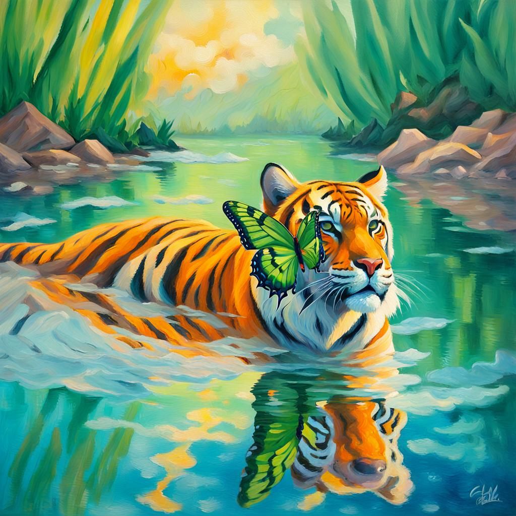 Green Butterfly Reflects Bengal Tiger: Fauvist Oil Painting