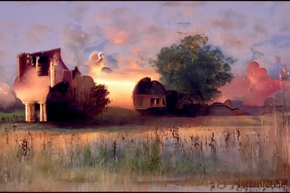 Ethereal Farmhouse Landscape in Romantic Style