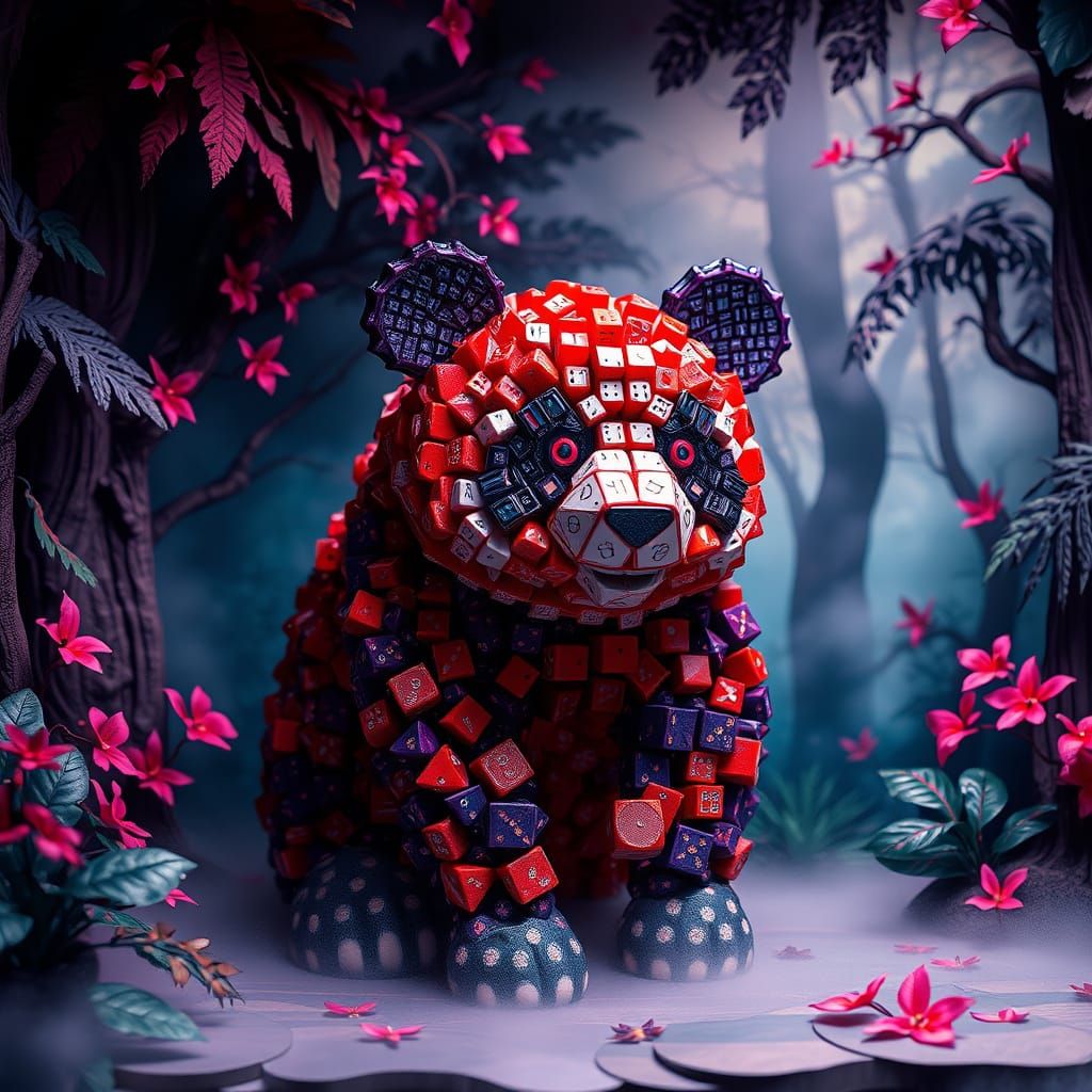 Futuristic Red and Purple Panda Sculpture in Surreal Rainfor...