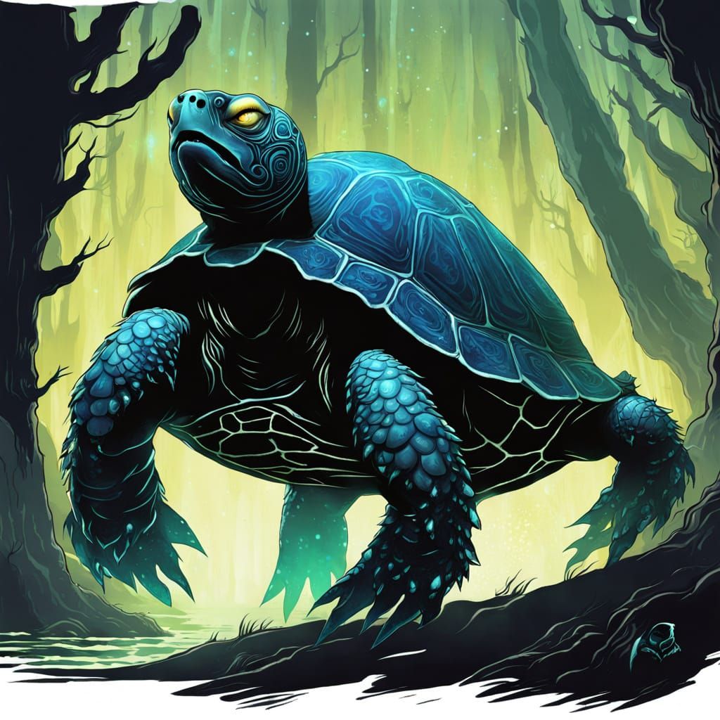 Fierce Bioluminescent Turtle in Dark Forest