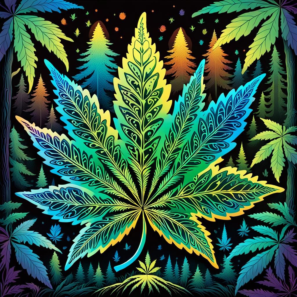 Mystical Marijuana Leaf Creature in Psychedelic Art Style