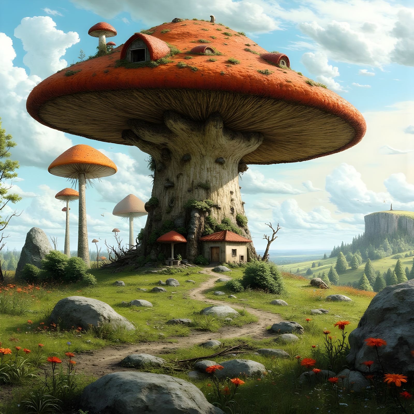 Surreal Mushroom Treehouse in a Futuristic Landscape