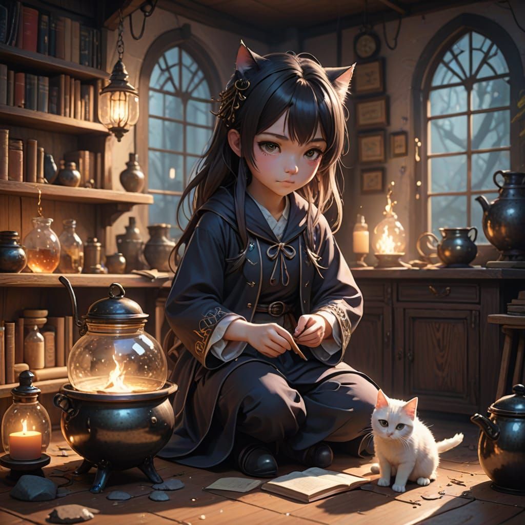 Young Wizard Girl Stirring Magic Cauldron in Fairytale House