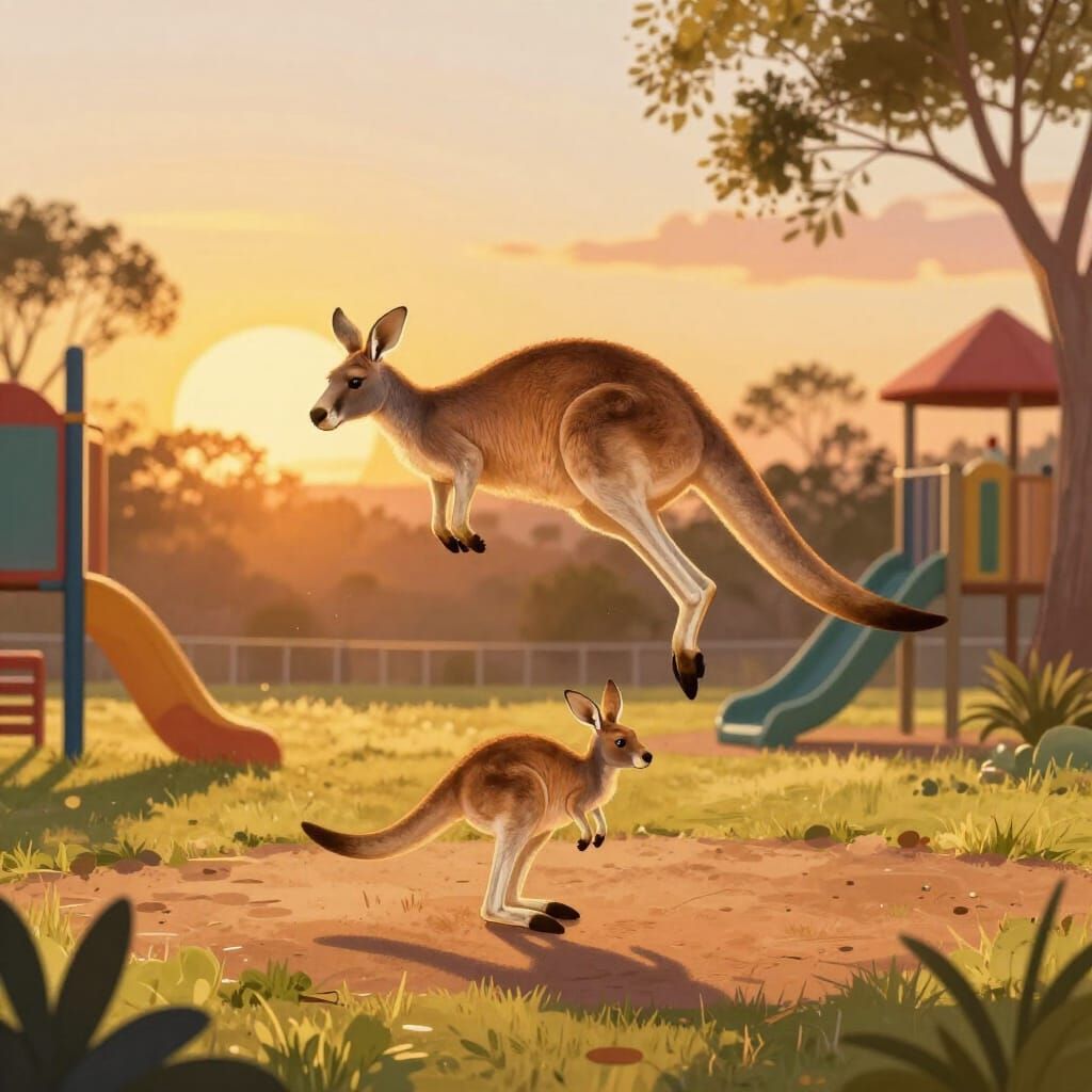 Mother Kangaroo Leaps Over Joey at Sunset in Australian Park