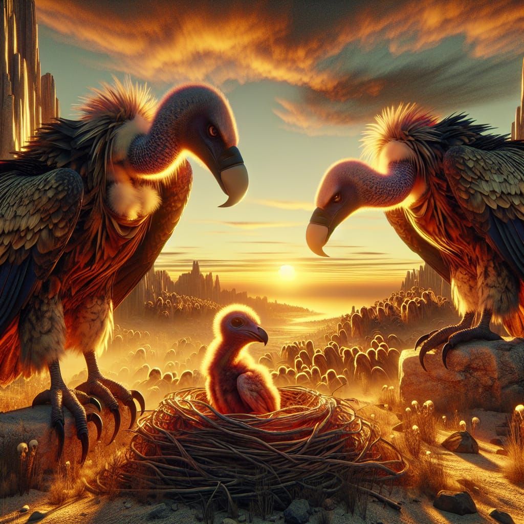 Vultures Protecting Chick in Desert Nest at Sunset