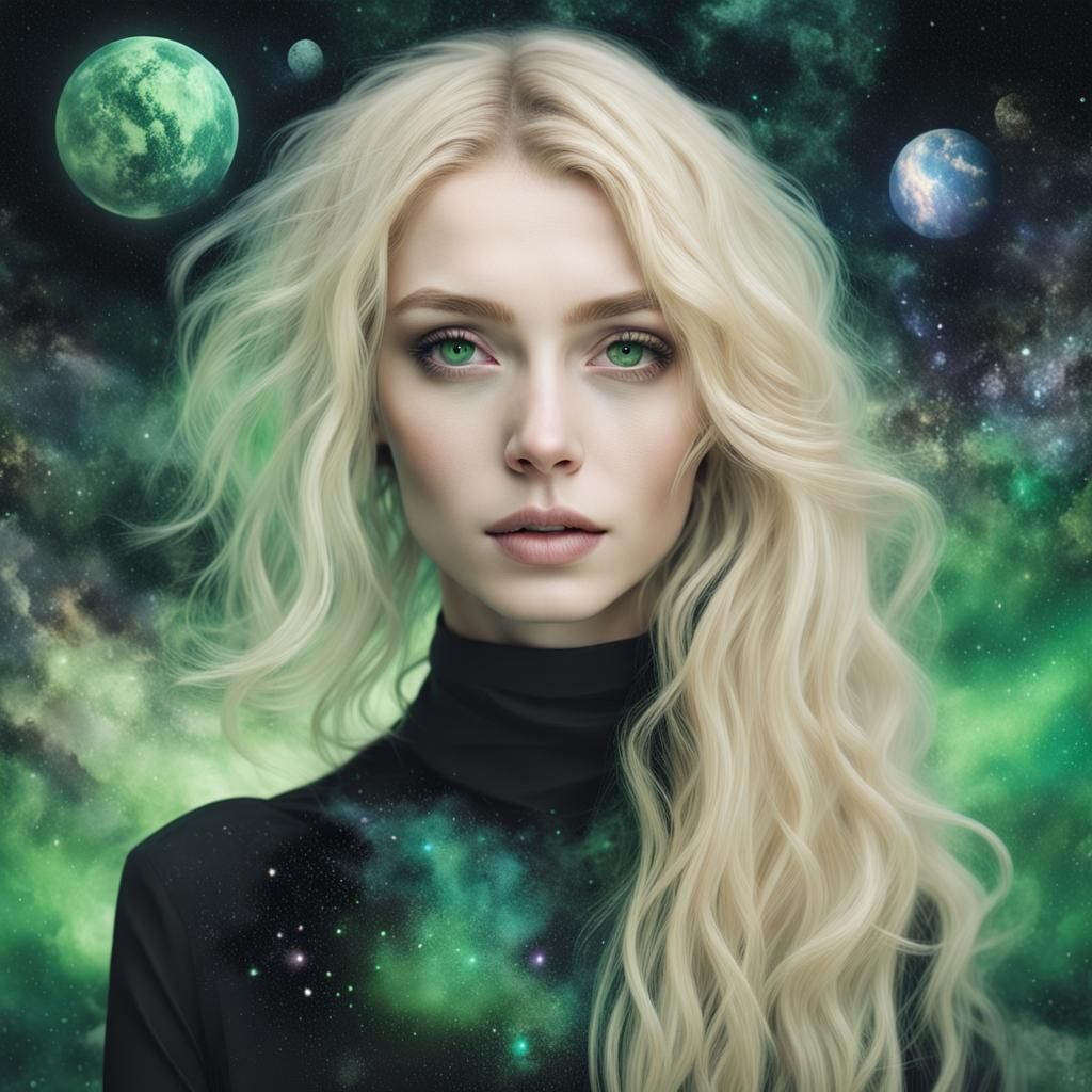Cosmic Girl Portrait with Green Eyes