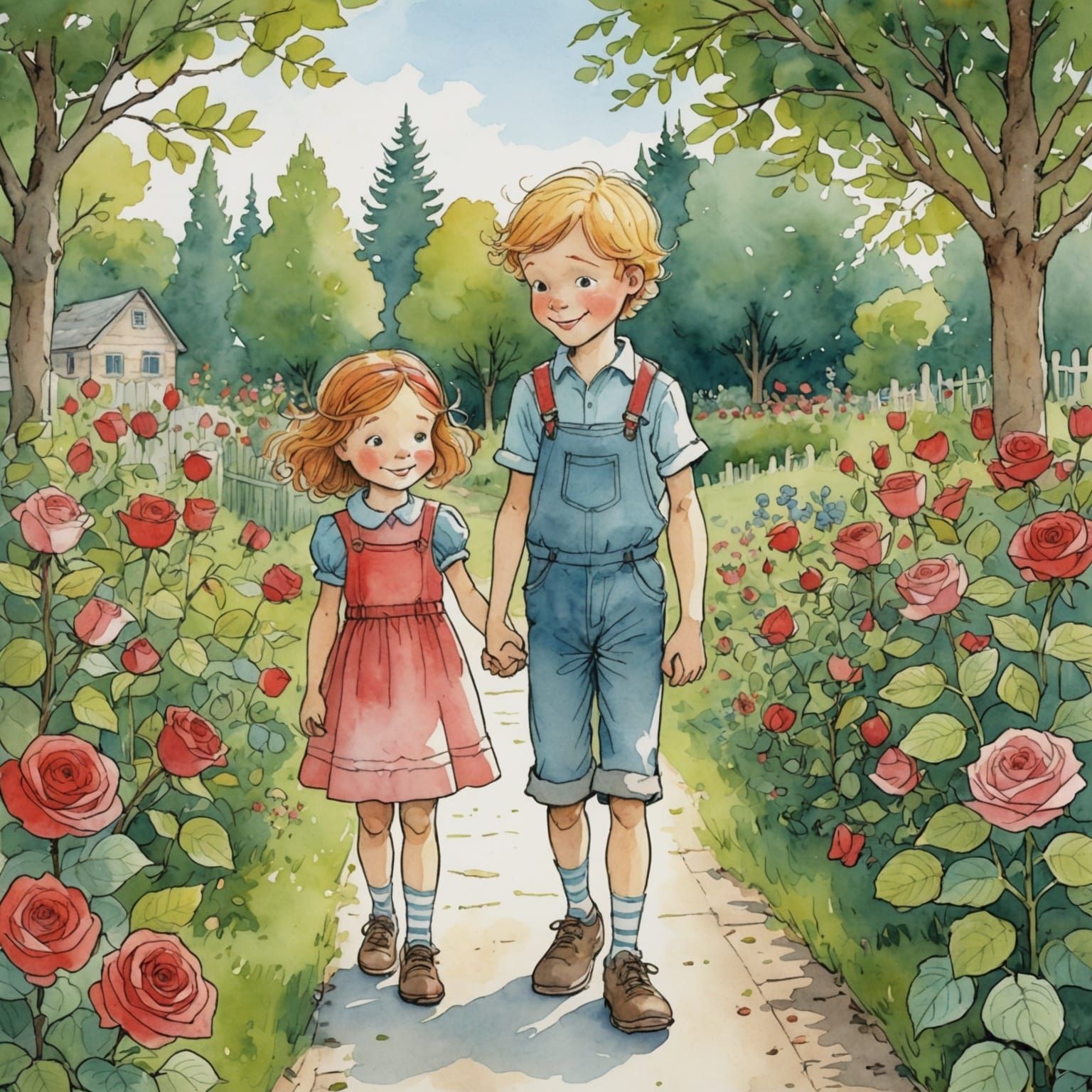 Children in Rose Garden: Storybook Watercolor Illustration