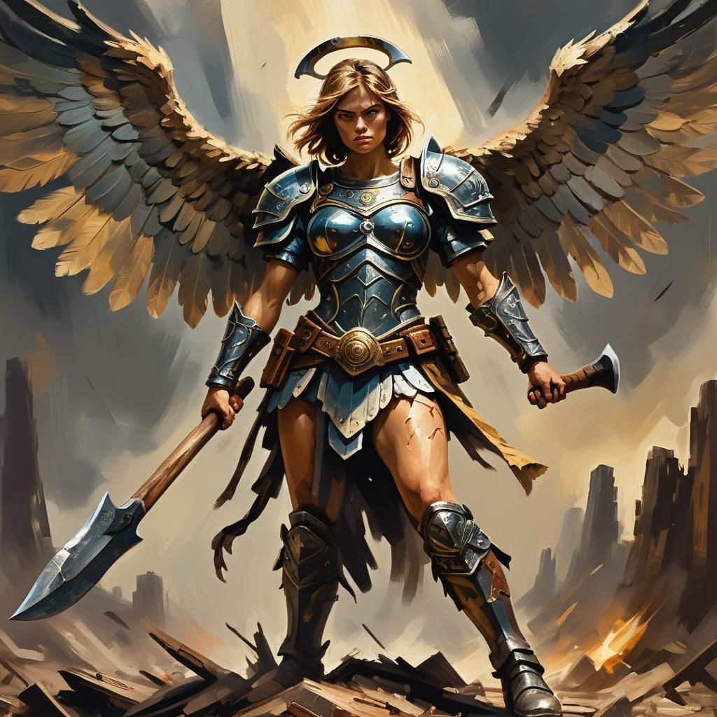 Battle-Ready Angel with Axe: Digital Impasto Painting