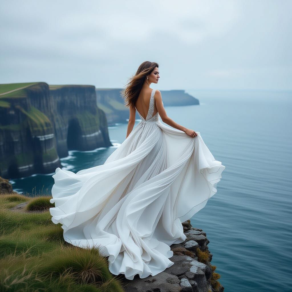 Ethereal Woman in Wind Dress on Cliff Edge