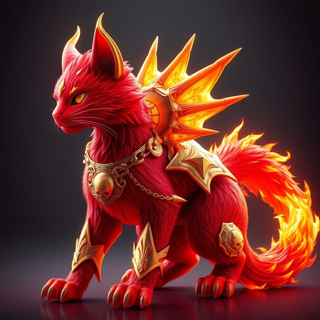 Majestic Red Feline with Horns and Fiery Markings