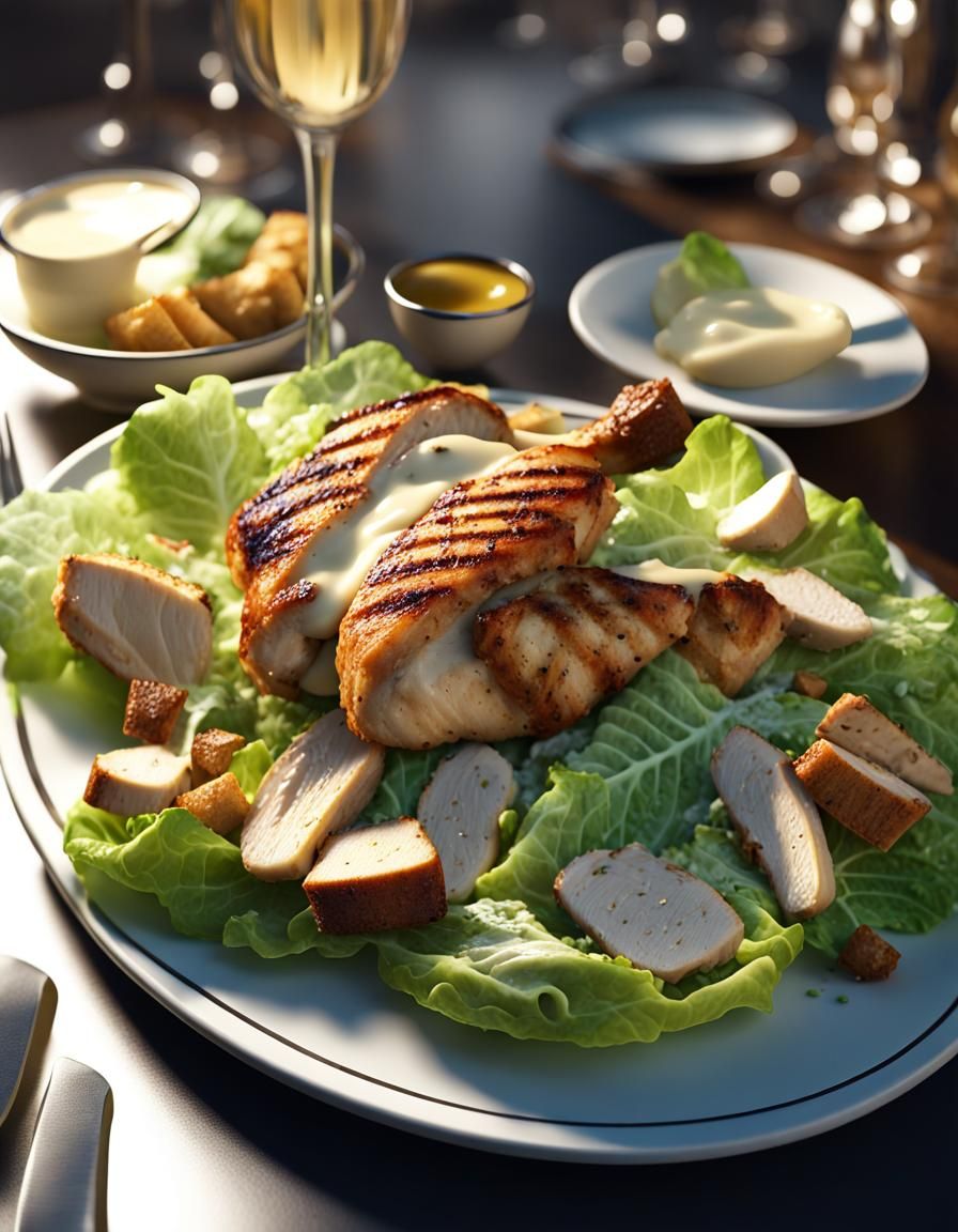 Hyperdetailed Chicken Caesar Salad in Restaurant