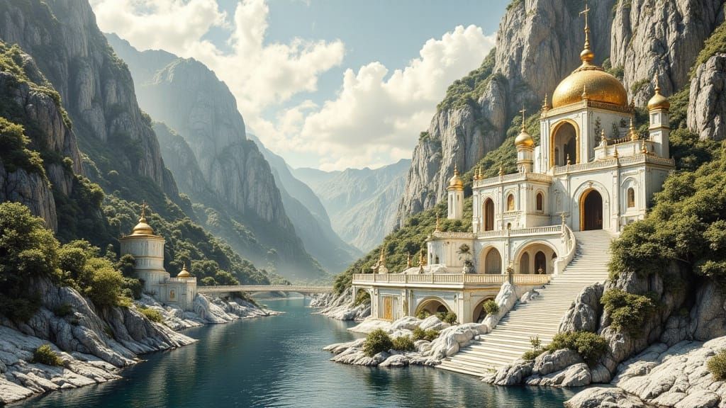 Gold Temple City Cascading Down Mountainside