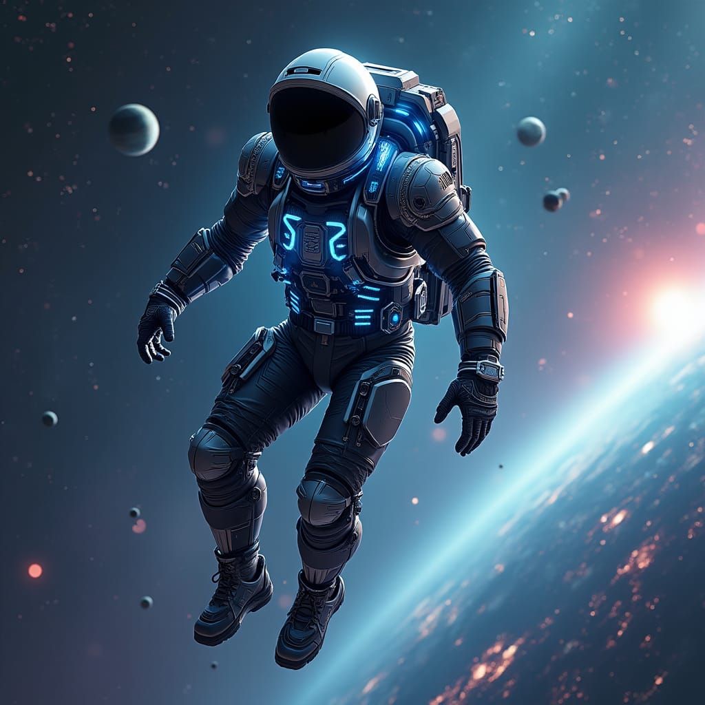 Astronaut in Sleek Spacesuit Floating in Deep Space
