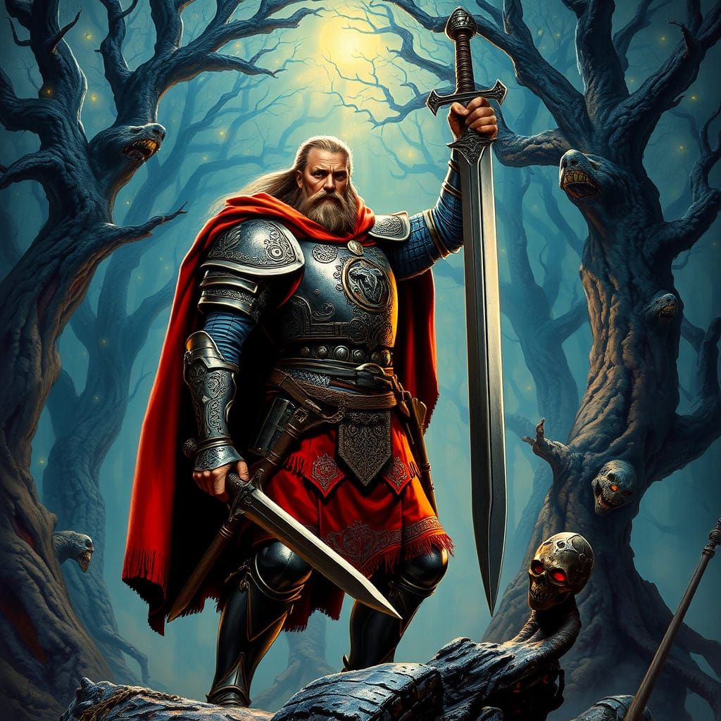 Medieval Warrior Triumphs in Ancient Forest
