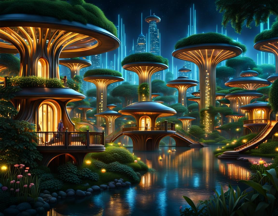 Utopian Forest City with Glowing Technology