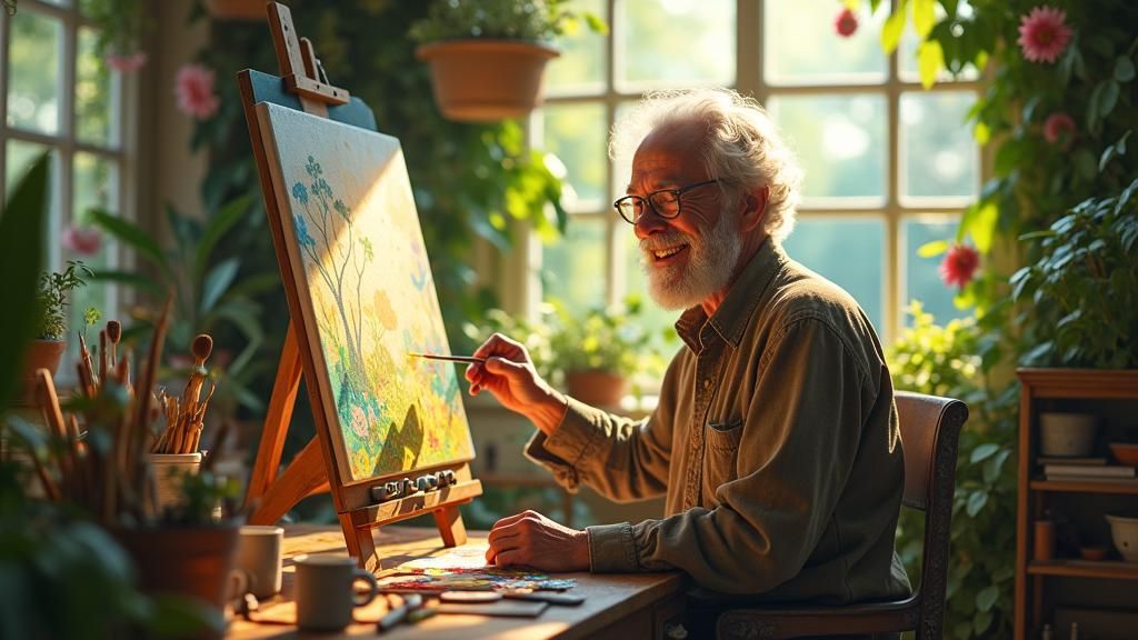 Elderly Artist Painting in Sunlit Studio, Fantasy Art