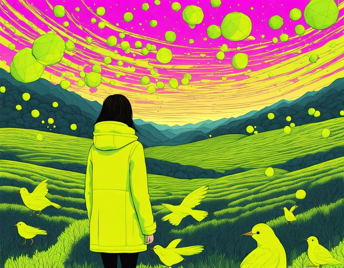 Neon Yellow Surreal Landscape with Swirling Paper Birds