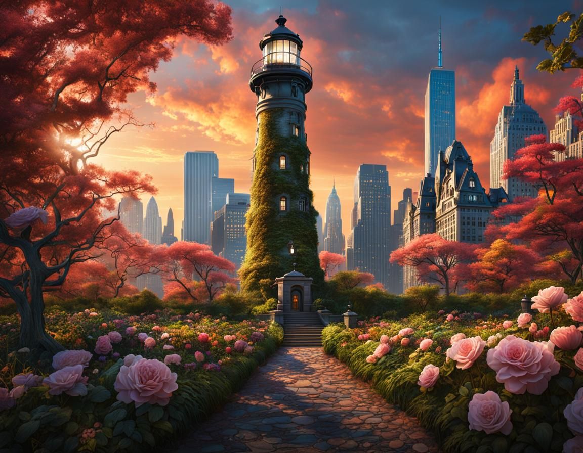 Lighthouse Blooms in Central Park, Detailed Matte Painting
