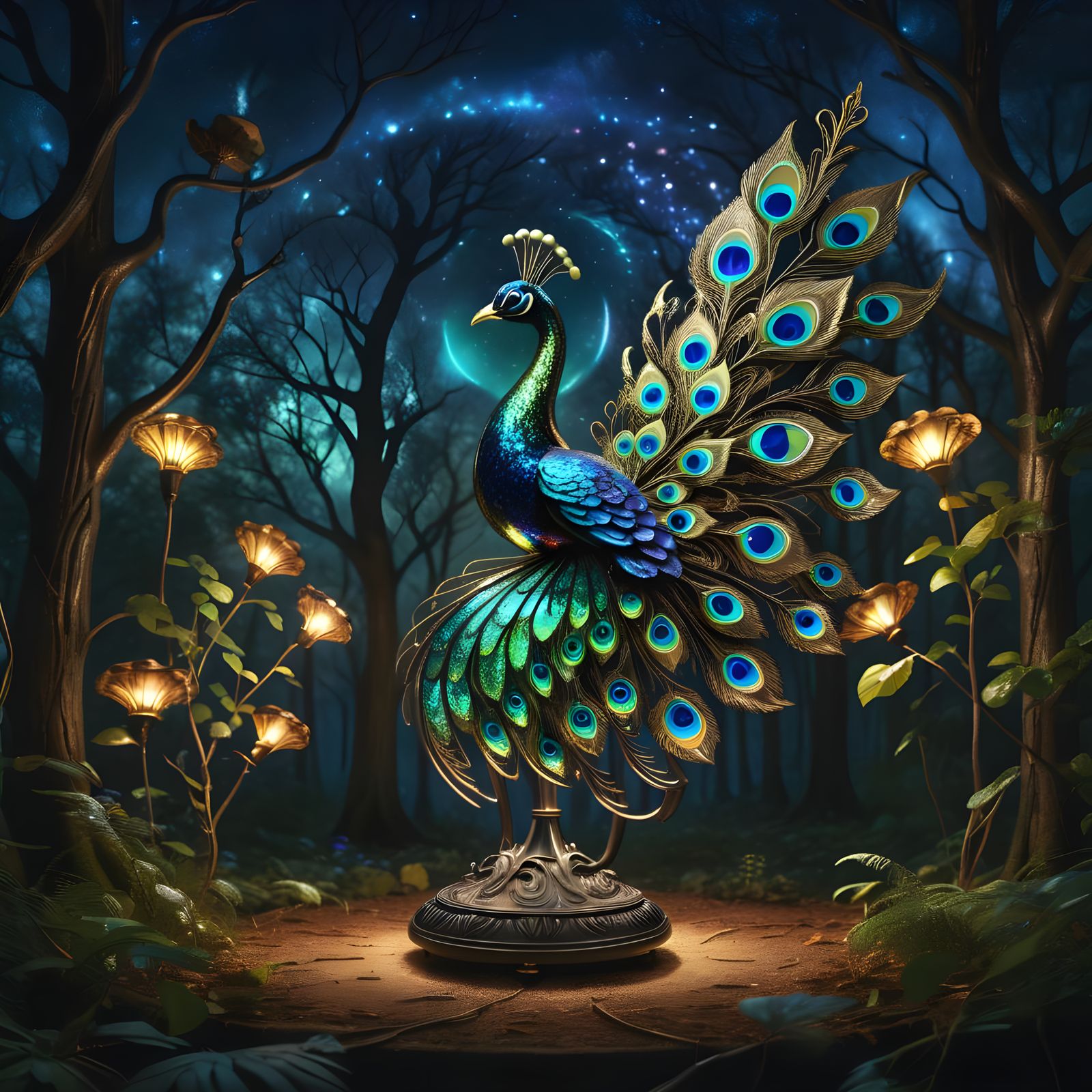 Art Nouveau Peacock Lamp in Starry Woods